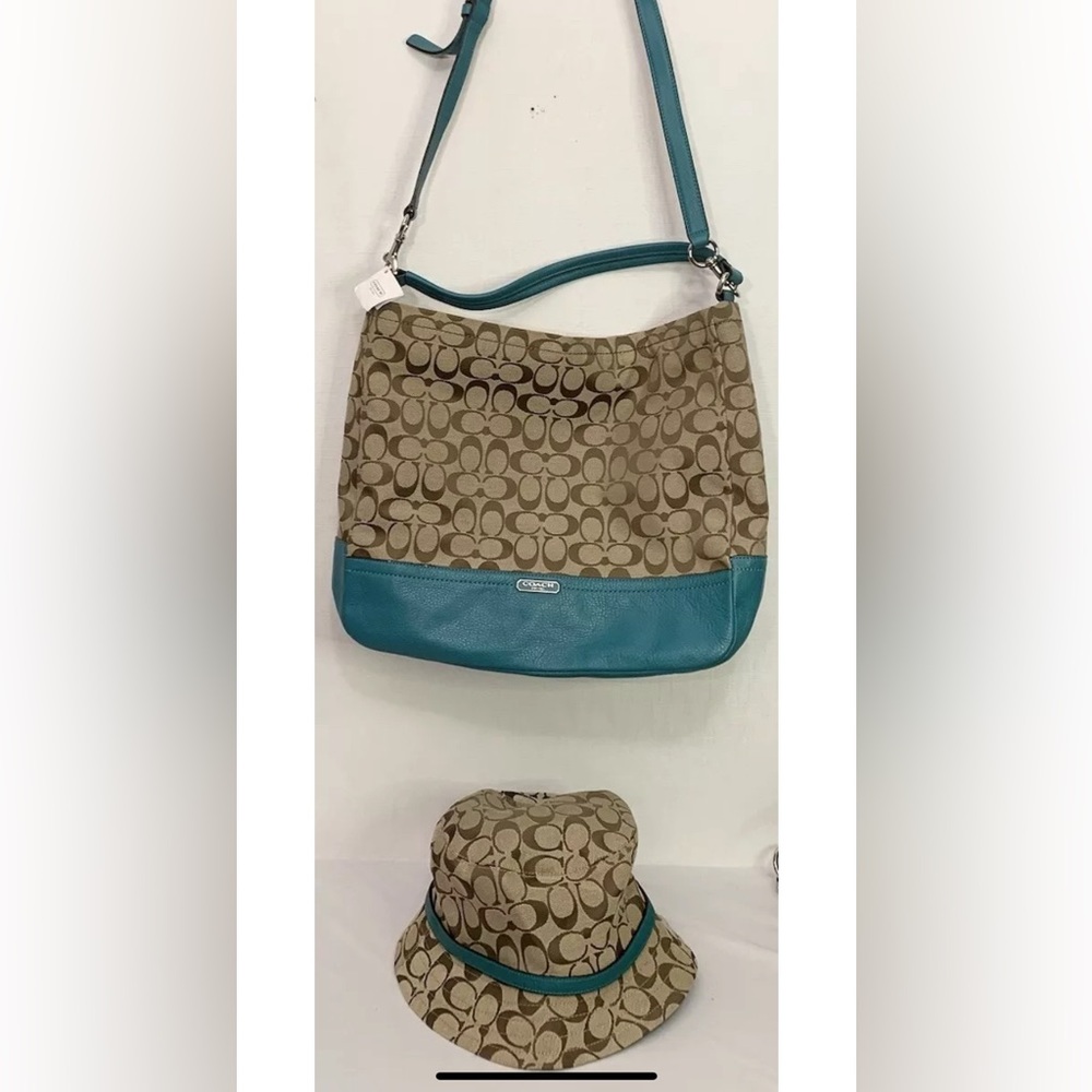 NWT Coach Beige Green Hobo Handbag Tote Purse & Matching Hat Logo D1376 F23279
